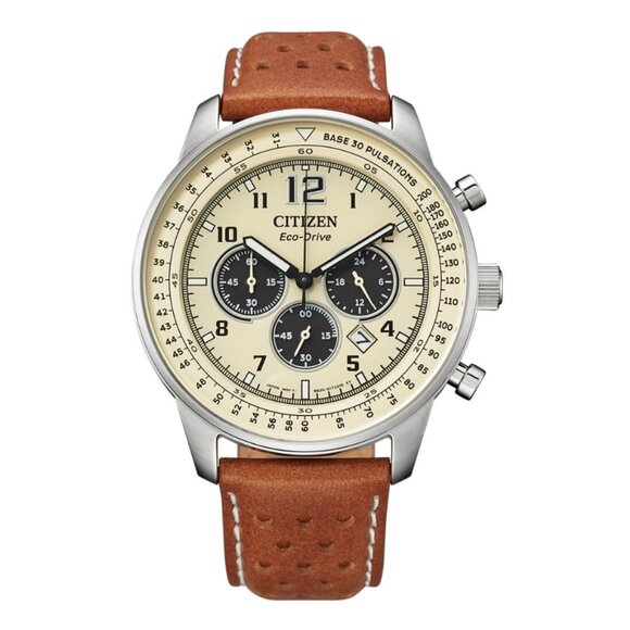 CITIZEN CA4500-16X BEIGE CHRONOGRAPH DIAL BROWN LEATHER STRAP MENS WATCH